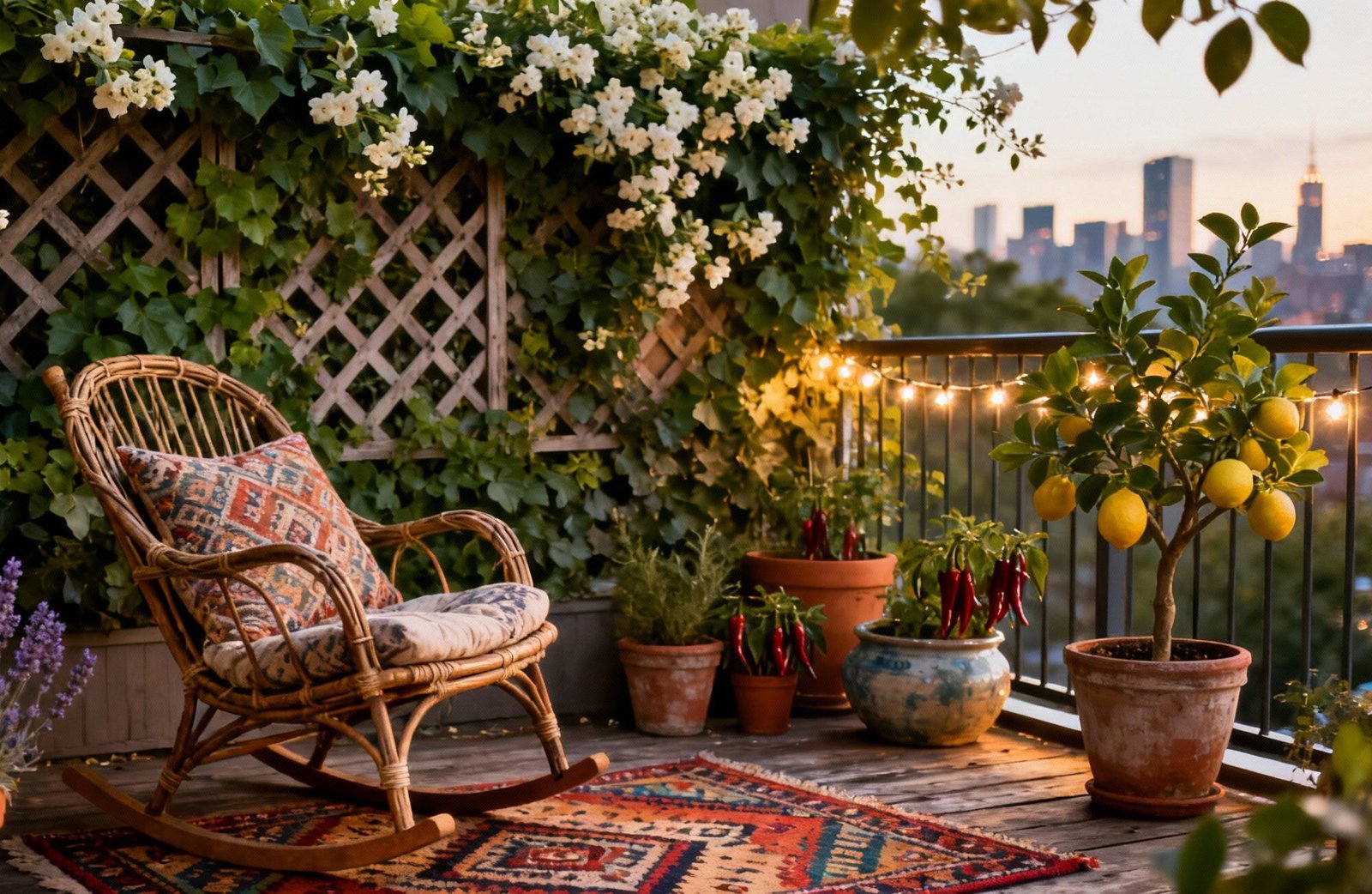 Varanda com cadeira de balanço.