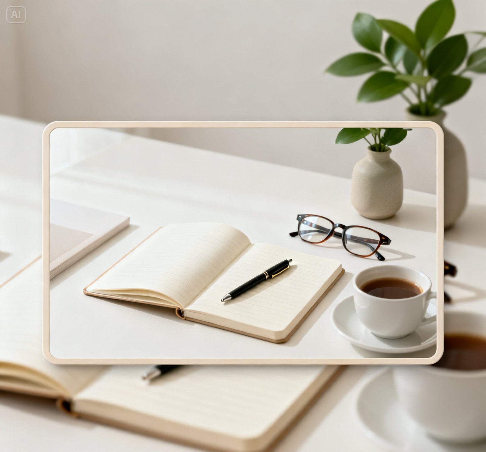 mesa de trabalho organizada com um caderno aberto, uma caneta, óculos e uma xícara de café ou chá ao lado.