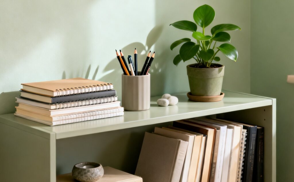 estante baixa ou aparador com objetos de casa e papelaria: alguns livros empilhados, cadernos, canetas em um porta-lápis, um vaso com planta verde e pequenos itens decorativos minimalistas.