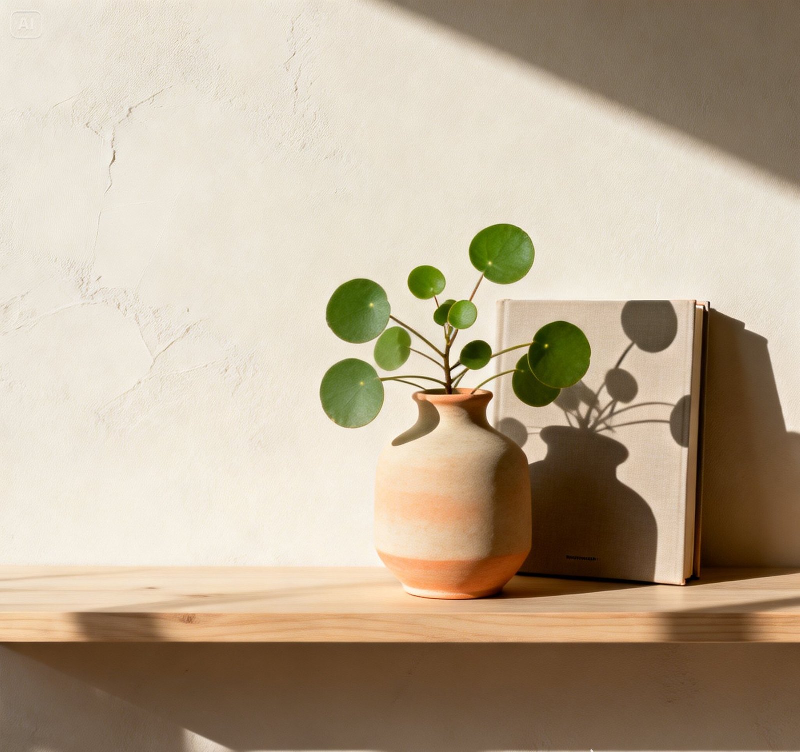 vaso de cerâmica em tom claro (bege ou terracota suave) com uma planta verde de folhas arredondadas
